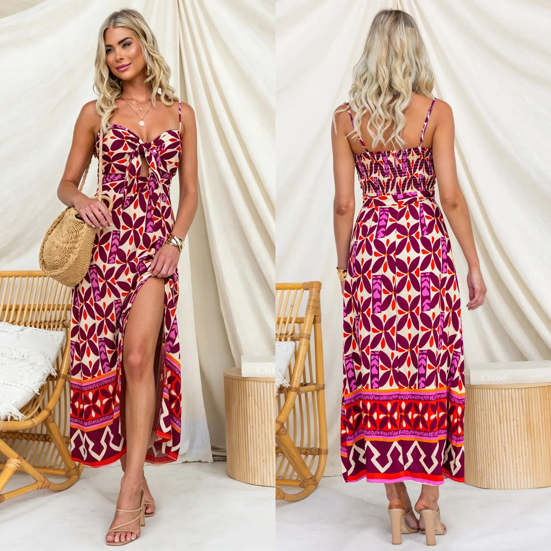 Boho Geometric Print Tie Front Spaghetti Strap High Slit Maxi Dress Slim Fit Campus Beach Outfit