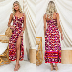 Boho Geometric Print Tie Front Spaghetti Strap High Slit Maxi Dress Slim Fit Campus Beach Outfit