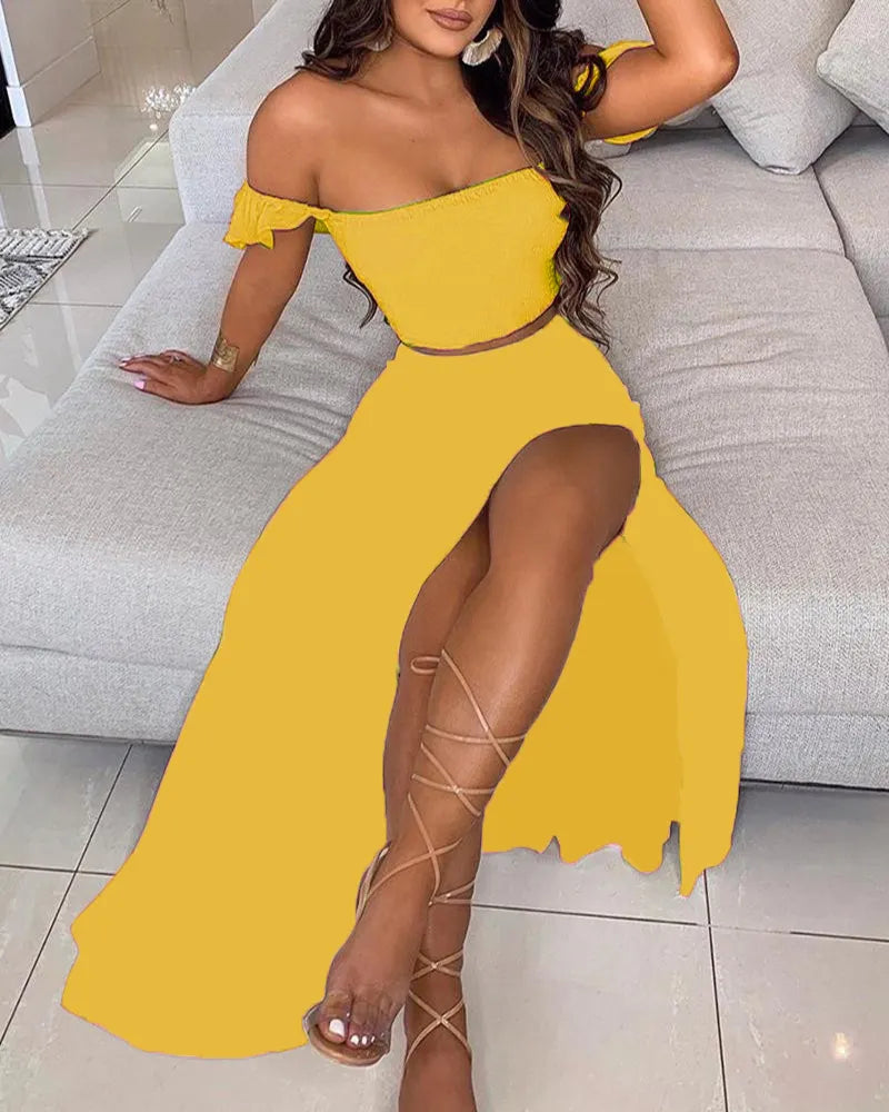 Off Shoulder Ruffle Crop Top & Floral Print High Slit Maxi Skirt 2 Piece Outfit Set