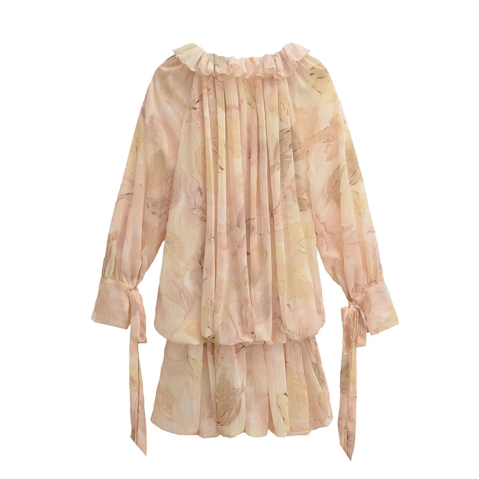 Floral Print Ruffle Tie Neck Long Sleeve A-Line Mini Dress