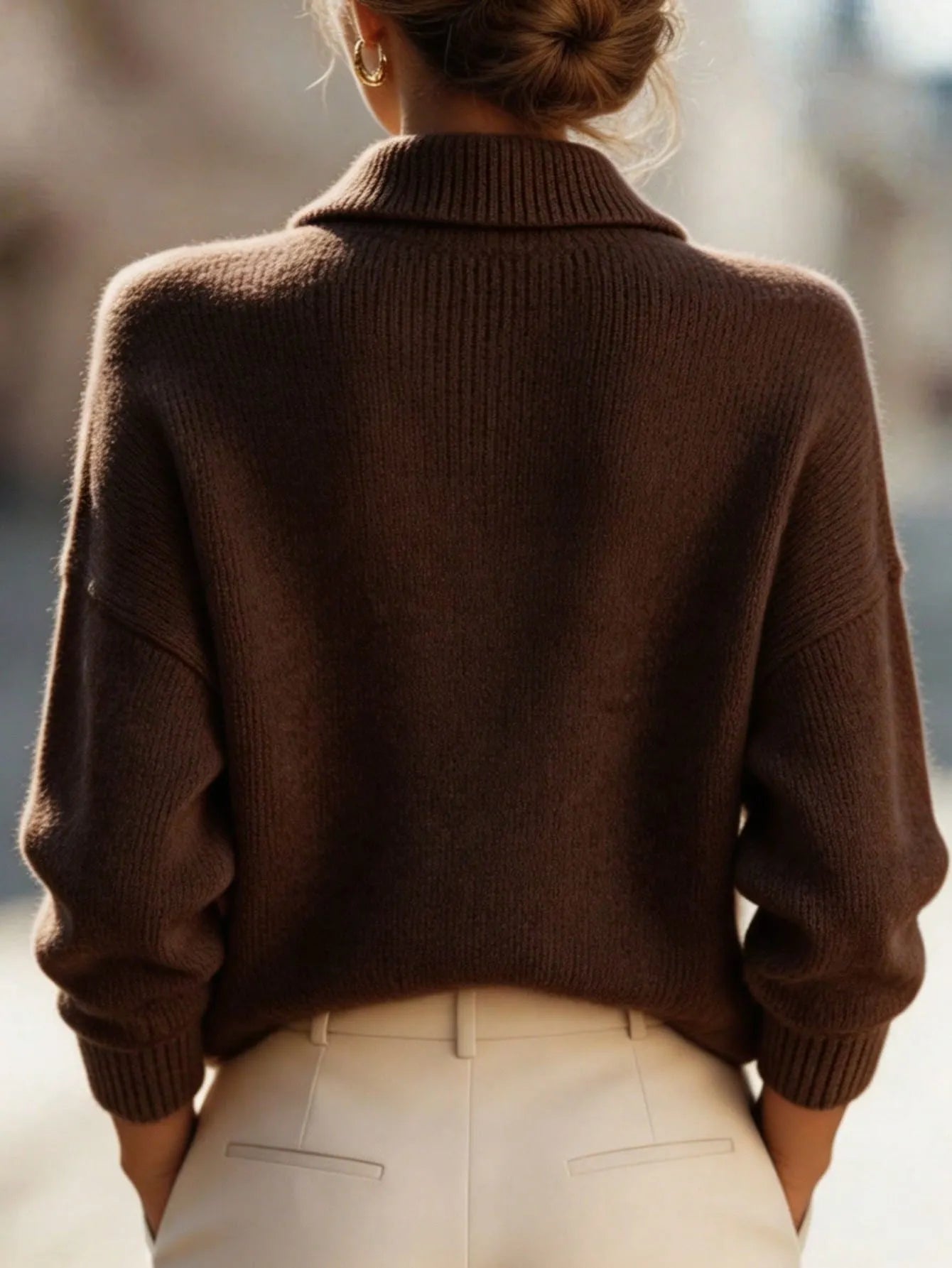 Coffee Brown Collared V Neck Knit Sweater