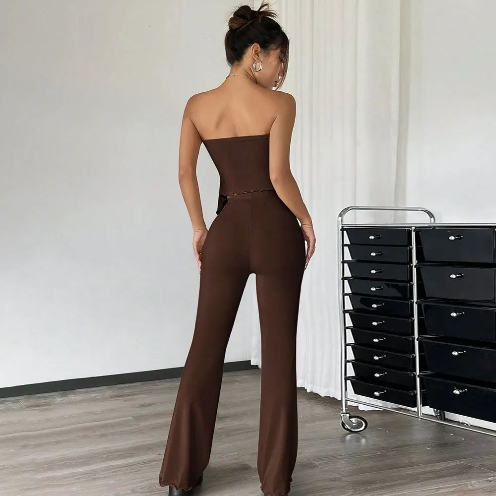 Strapless Ruched Drawstring Crop Top & Flare Pants Two Piece Set