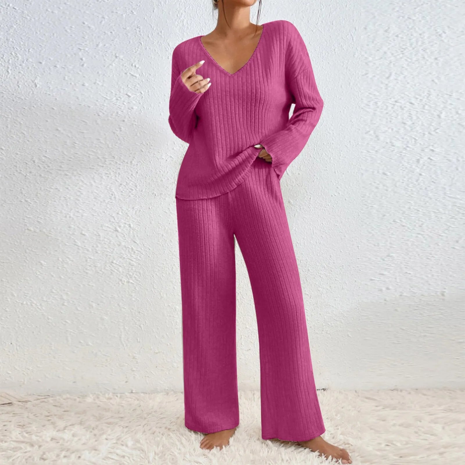 Ribbed Knit V Neck Long Sleeve Top and Wide Leg Pants 2 Piece Loungewear Set