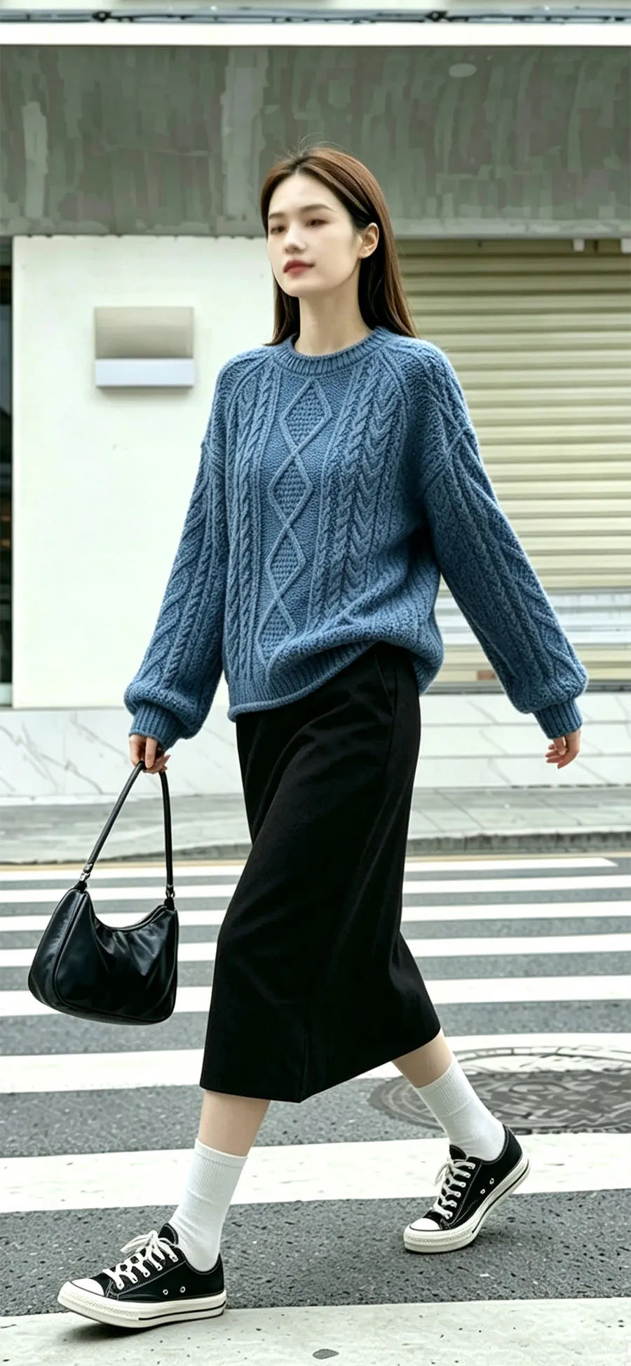 Drop‑Shoulder Geometric Cable Knit Pullover Sweater
