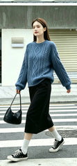Drop‑Shoulder Geometric Cable Knit Pullover Sweater