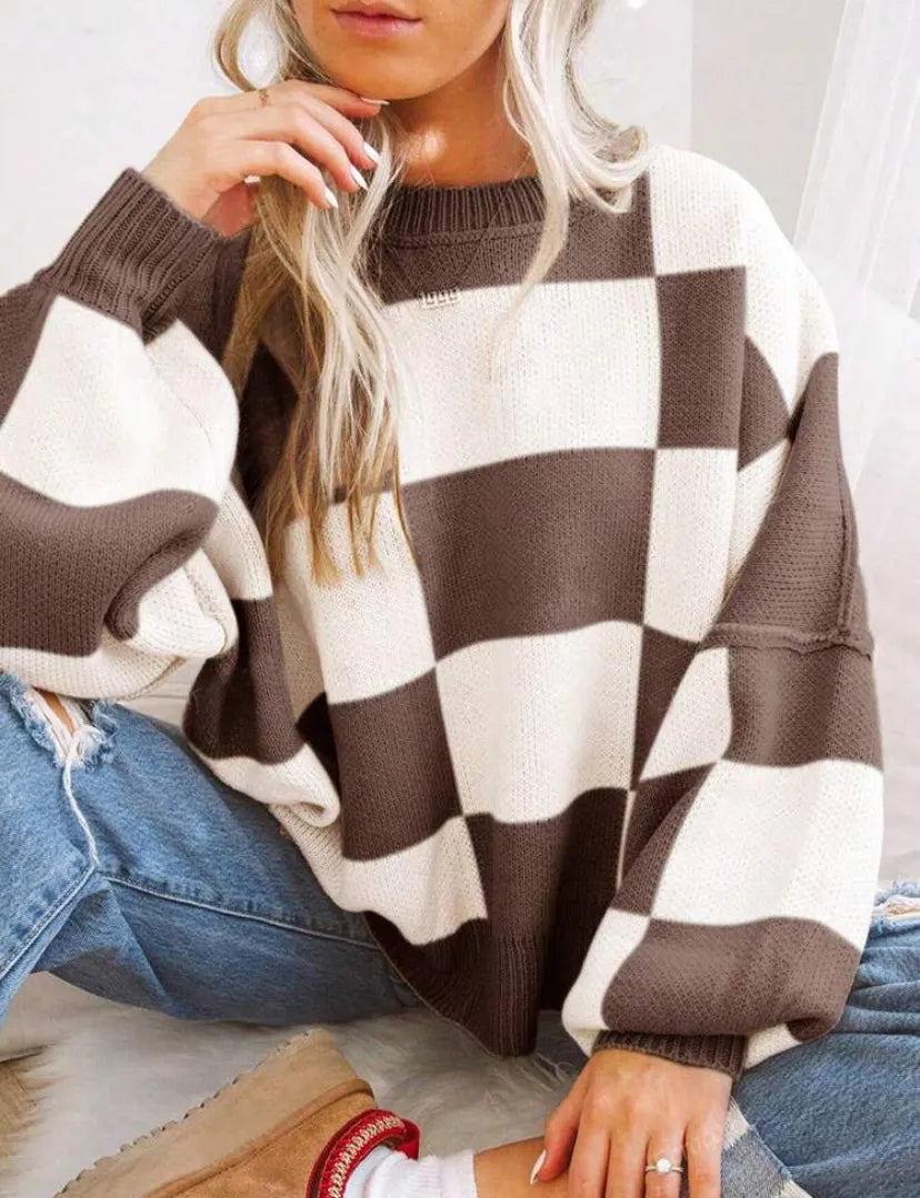Checkerboard Color Block Crew Neck Loose Pullover Sweater