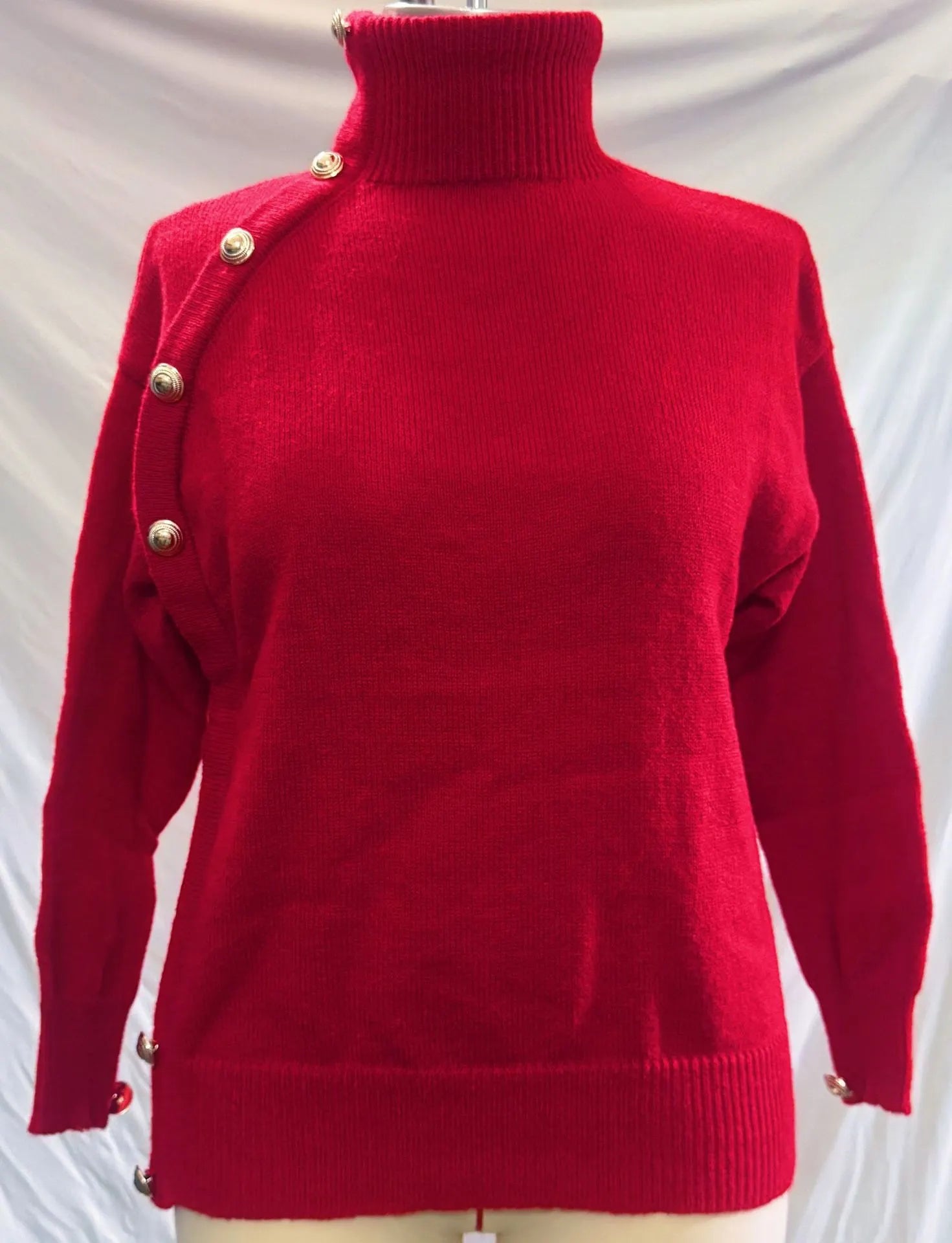 Chic Blue Turtleneck Knit Sweater, Statement Side Gold Buttons Casual Fall Winter Top
