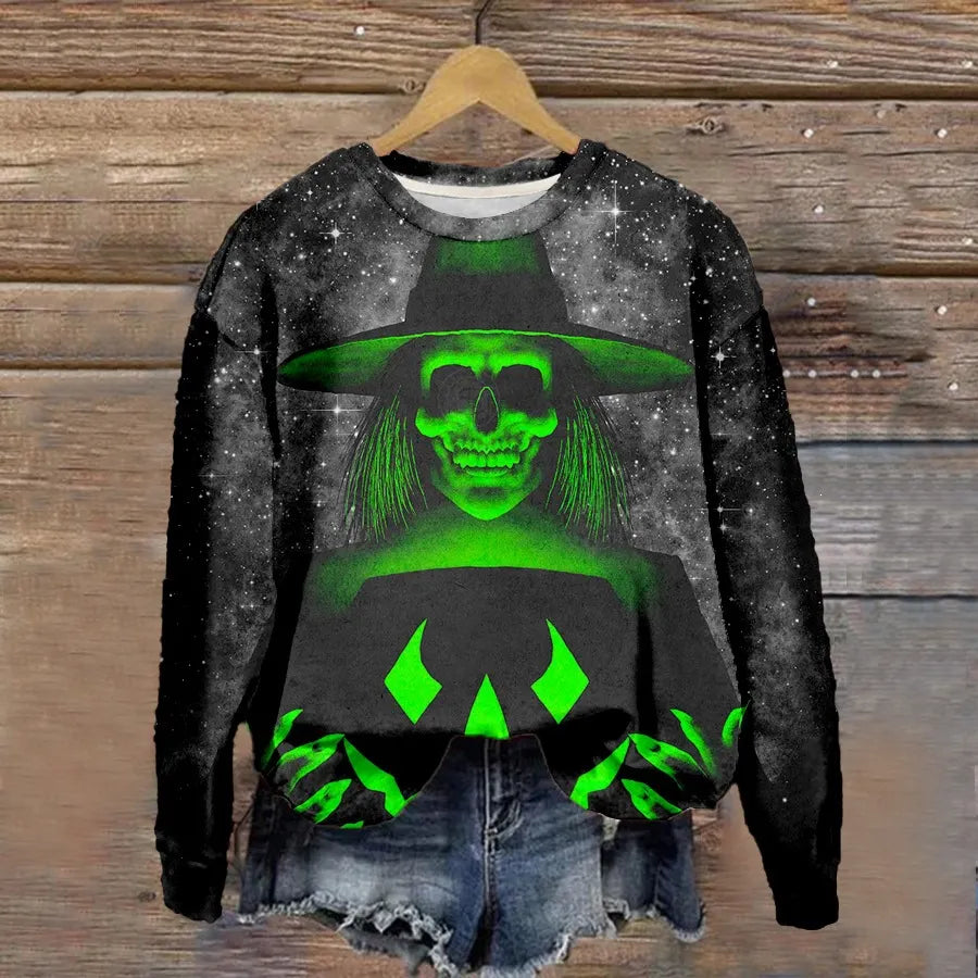 Halloween Witch Pumpkin Print Crew Neck Sweatshirt