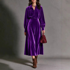 Purple Velvet Matching Set, Puff Sleeve Shirt and Flowy Midi Skirt
