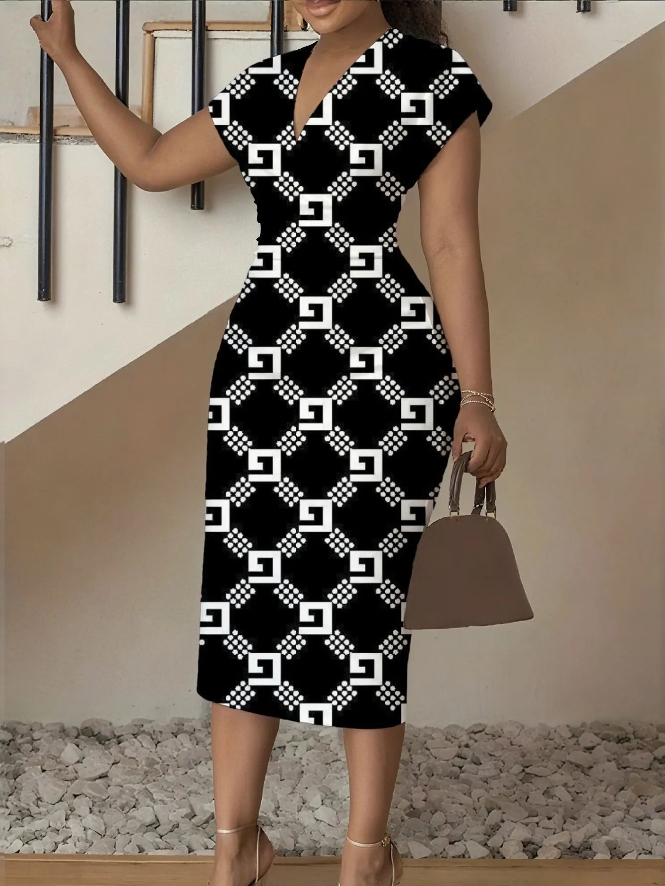 3D Stereoscopic Color Block Deep V-Neck Bodycon Midi Dress