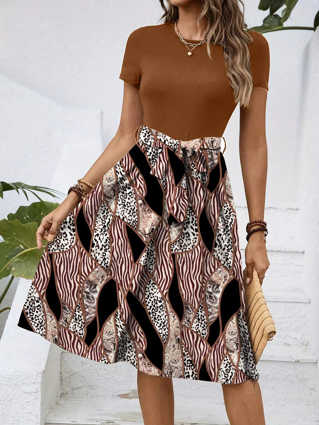 Color Block Leopard Geometric Print Tie Waist Midi Dress