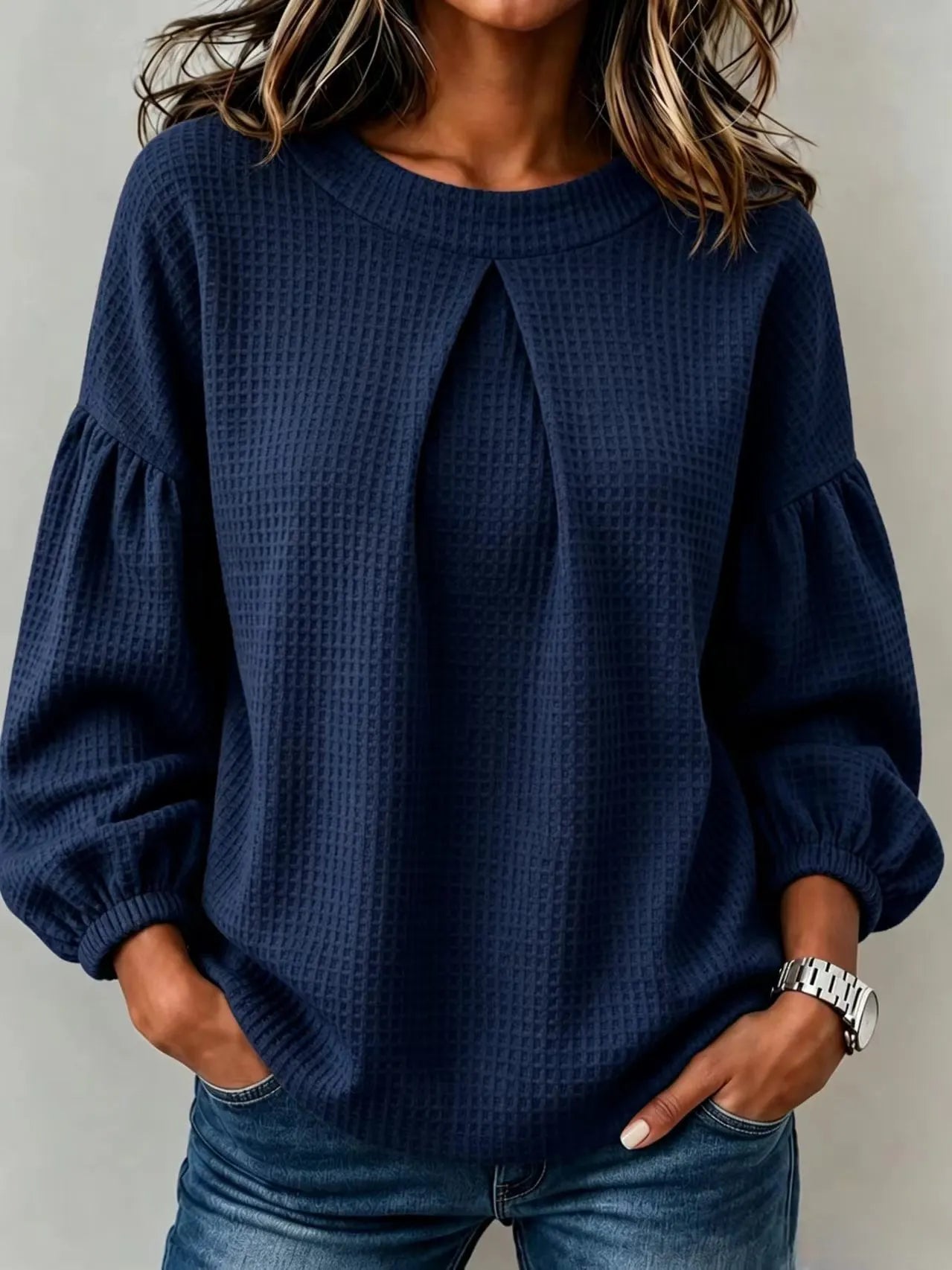 Waffle Knit Round Neck Blouse Pleated Front Balloon Long Sleeve Loose Casual Top