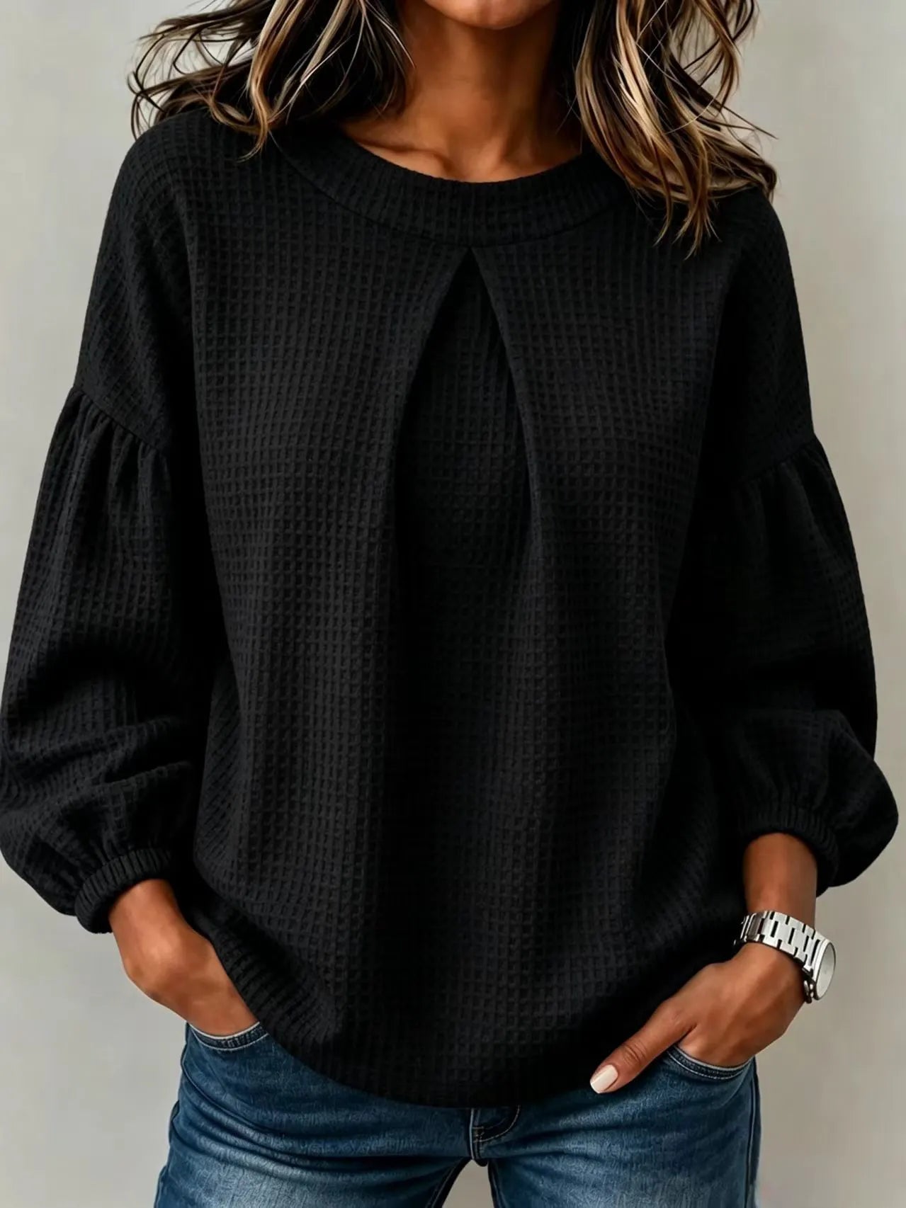 Waffle Knit Round Neck Blouse Pleated Front Balloon Long Sleeve Loose Casual Top