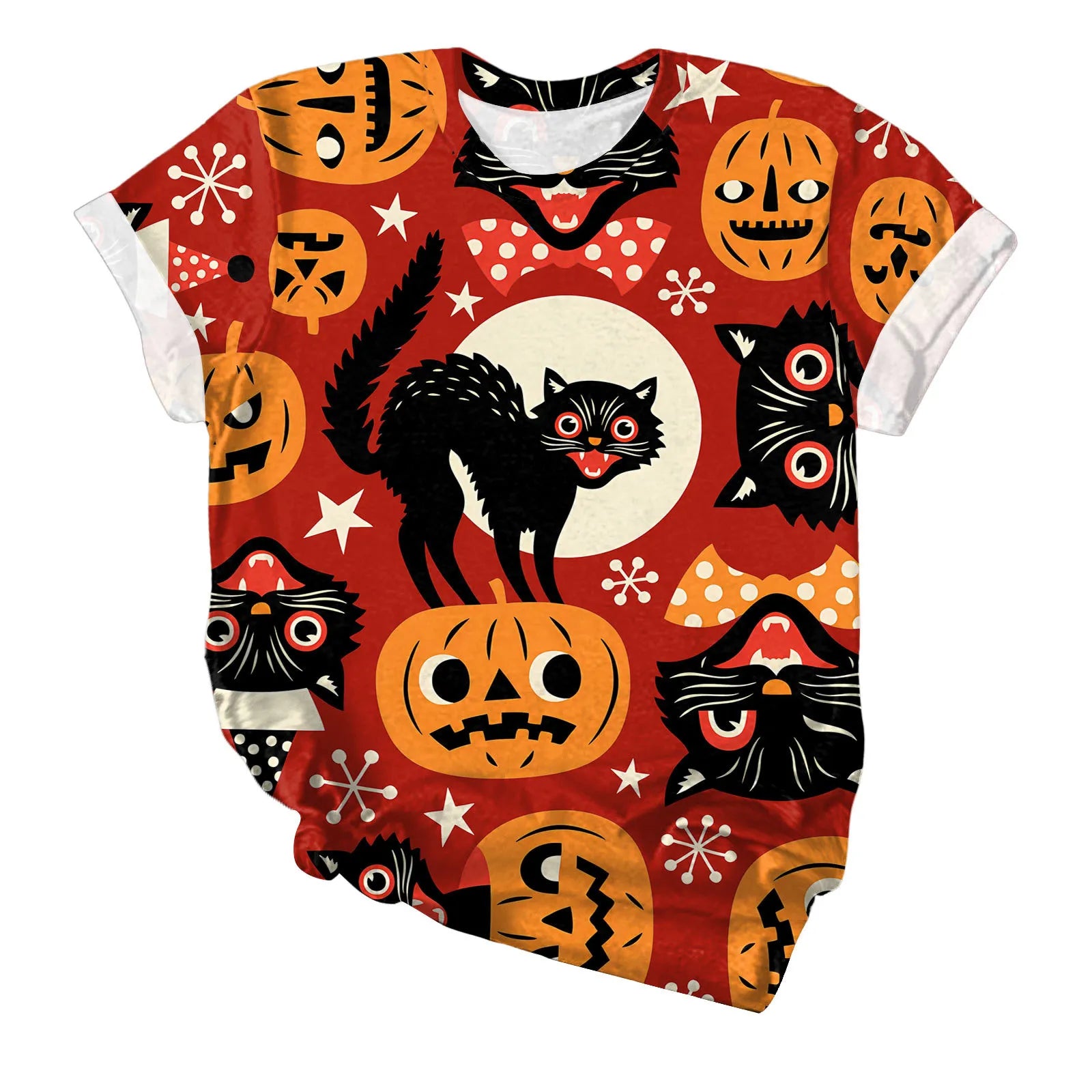 Halloween Black Cat Pumpkin Print Crew Neck Short Sleeve T‑Shirt