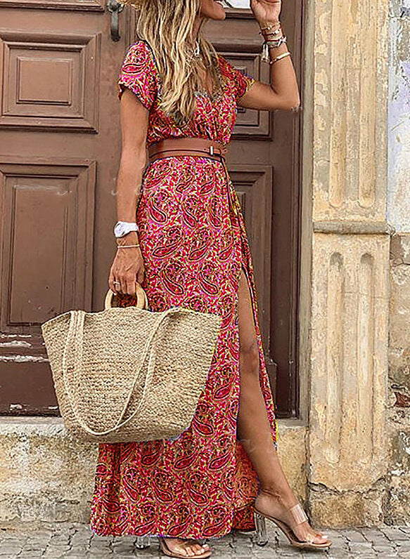 Wrap V Neck Short Sleeve Floral Print Maxi Dress