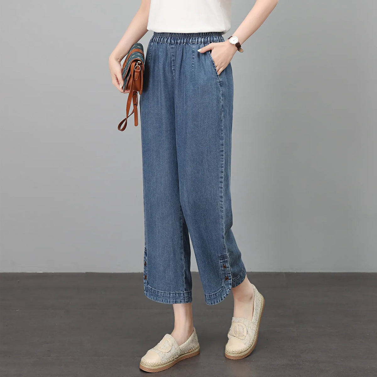 Elastic Waist Nine Point Straight Jeans