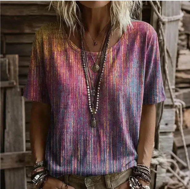 3D Color Block Print V Neck Rolled Short Sleeve Casual Tee