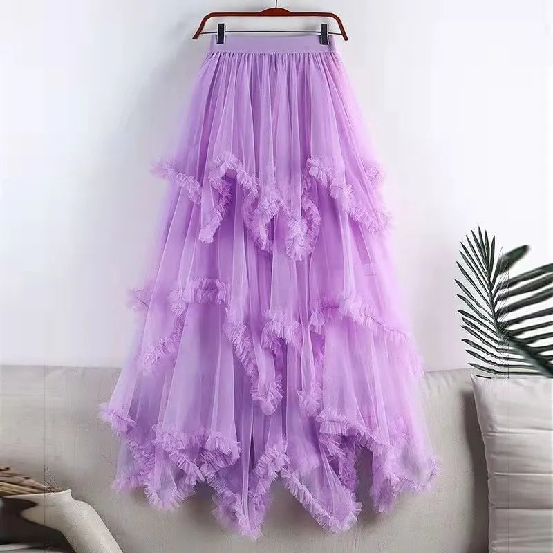 Asymmetrical Ruffle Tulle Maxi Skirt