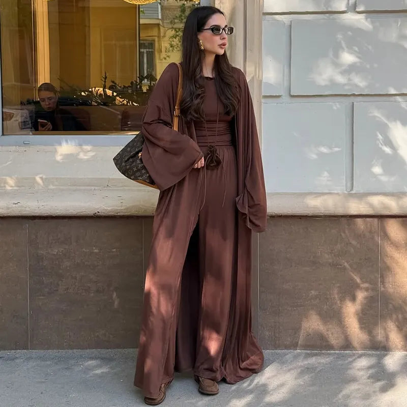 3-Piece Lounge Set, Long Sleeve Kimono Cardigan & Tank Top & Wide Leg Pants