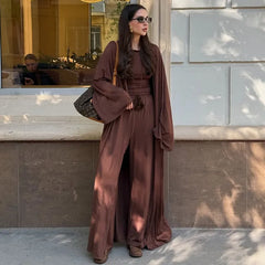 3-Piece Lounge Set, Long Sleeve Kimono Cardigan & Tank Top & Wide Leg Pants