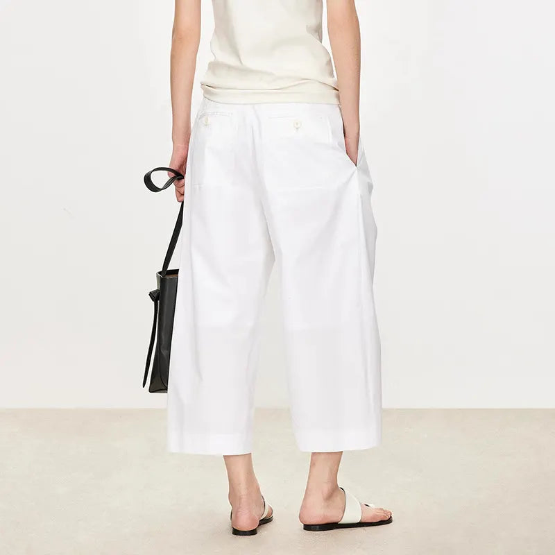 Mid Waist Pinch Pleats Loose Cropped Straight Commuter Casual Pants