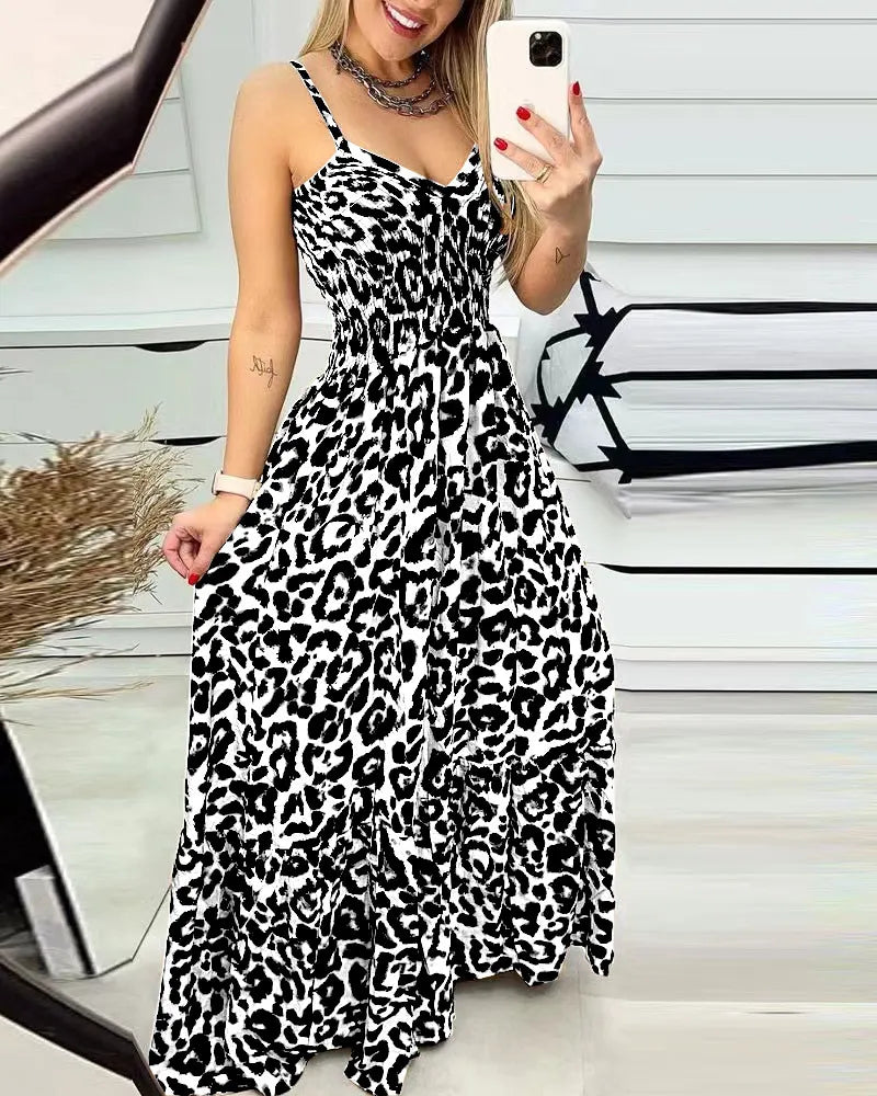 Leopard Print Smocked Waist Maxi Dress