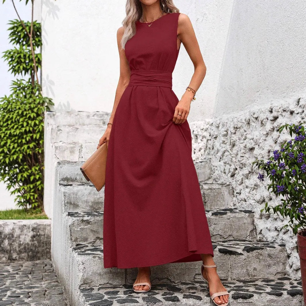 Sleeveless Round Neck Self Tie Waist Midi Dress