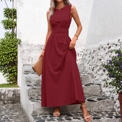 Sleeveless Round Neck Self Tie Waist Midi Dress