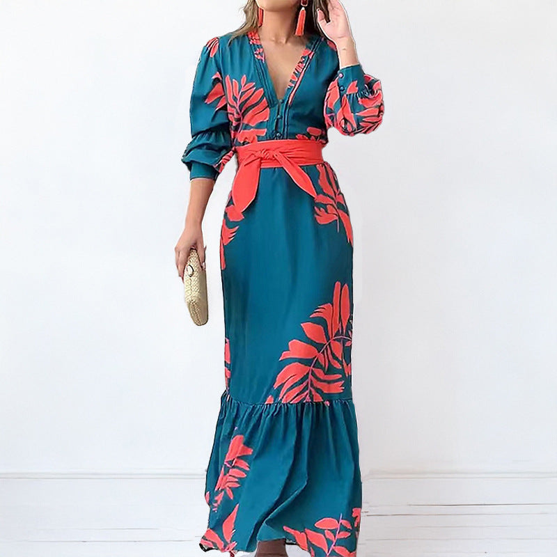 Teal Red Palm Leaf Print V Neck Belted Maxi Dress