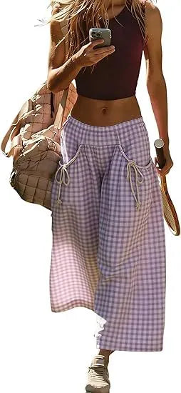 Plaid Drawstring Wide Leg Cropped Pants