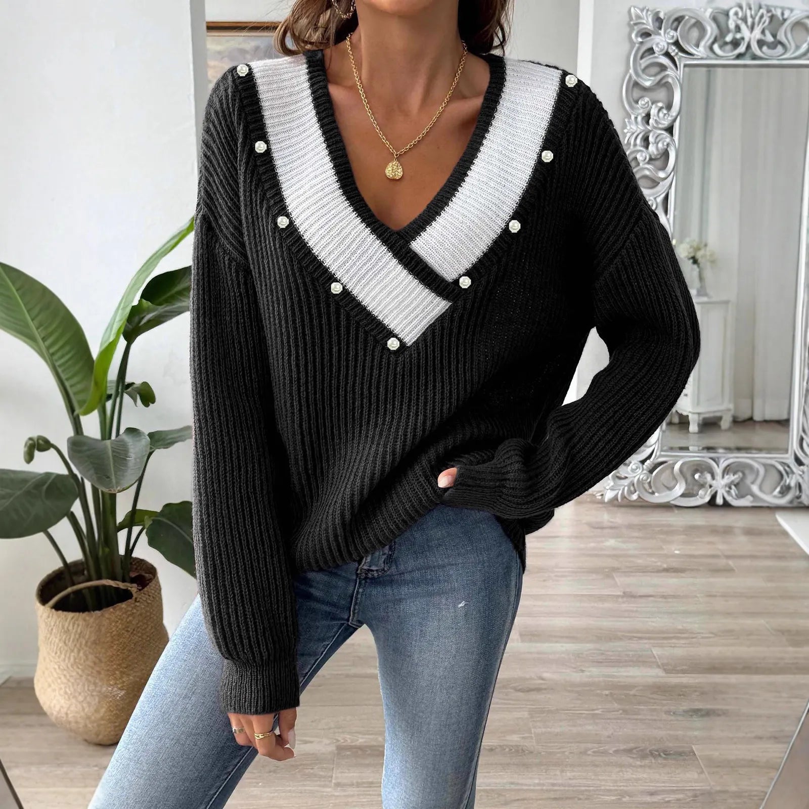 Color Block Beaded Off-Shoulder V-Neck Loose Knit Sweater