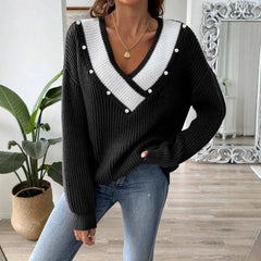 Color Block Beaded Off-Shoulder V-Neck Loose Knit Sweater