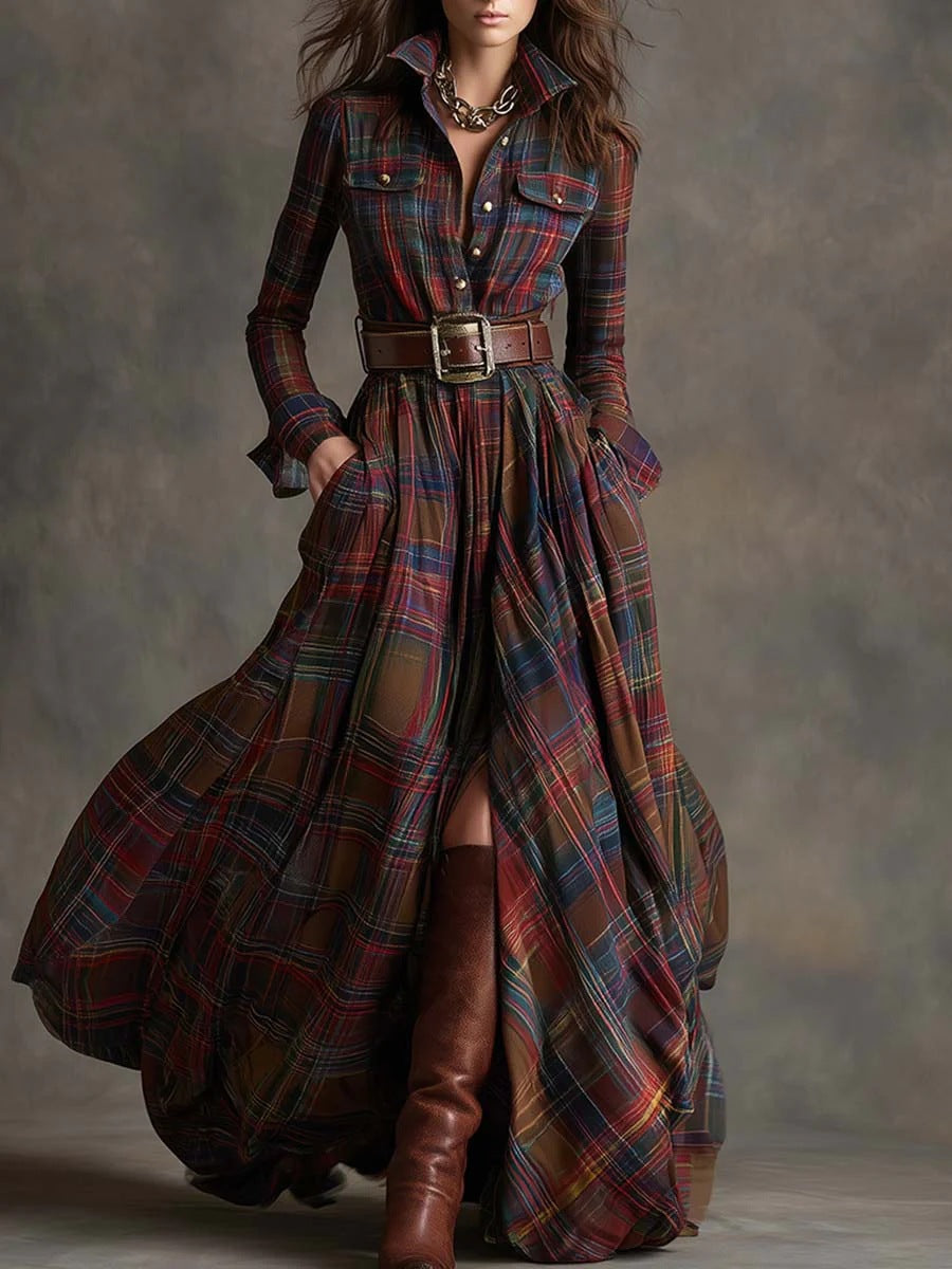 Vintage Western Tartan Plaid Maxi Dress for Collared Long Sleeve Flowy A Line Shirt Dress