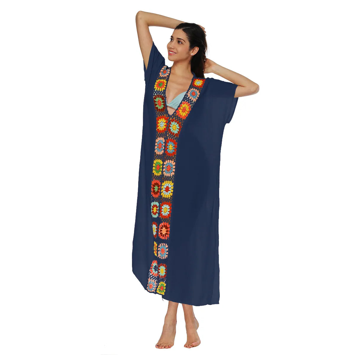 Colorful Crochet V-Neck Batwing Sleeve Loose Long Cover-Up Dress