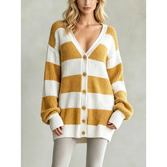 Navy White Wide Stripe Oversized Knit Cardigan V Neck Button Front Long Sleeve Loose Sweater Coat