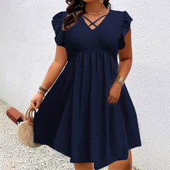Burgundy V-Neck Ruffle-Sleeve A-Line Midi Dress