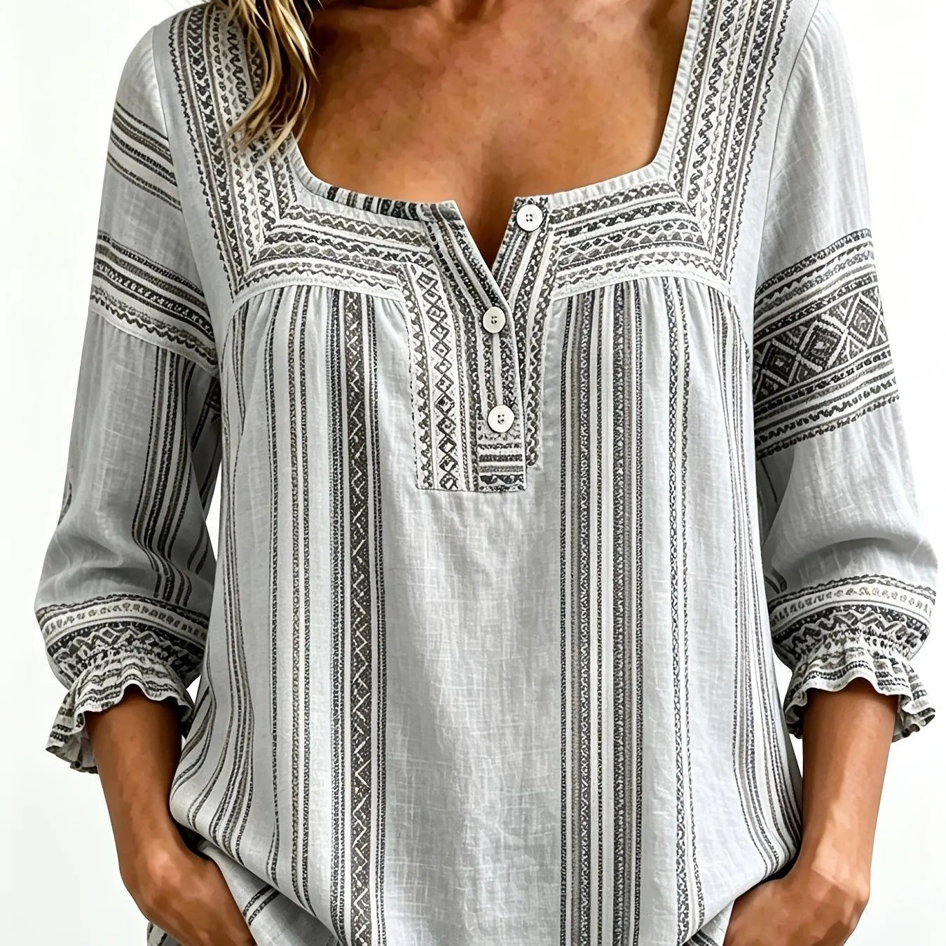 Plaid Square Neck Button Front Bubble 7/4 Sleeve Loose Casual Blouse