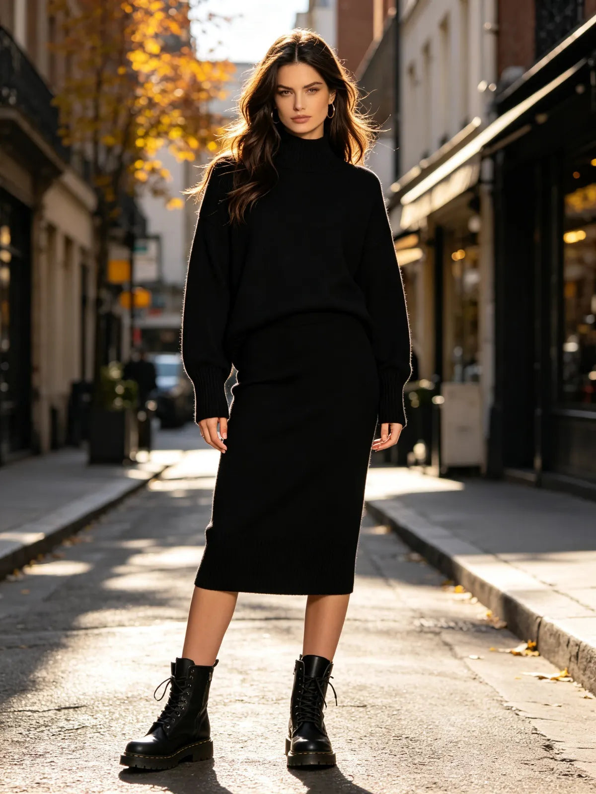 Solid Half Turtleneck Knit Sweater And Midi Skirt Two Piece Casual Set