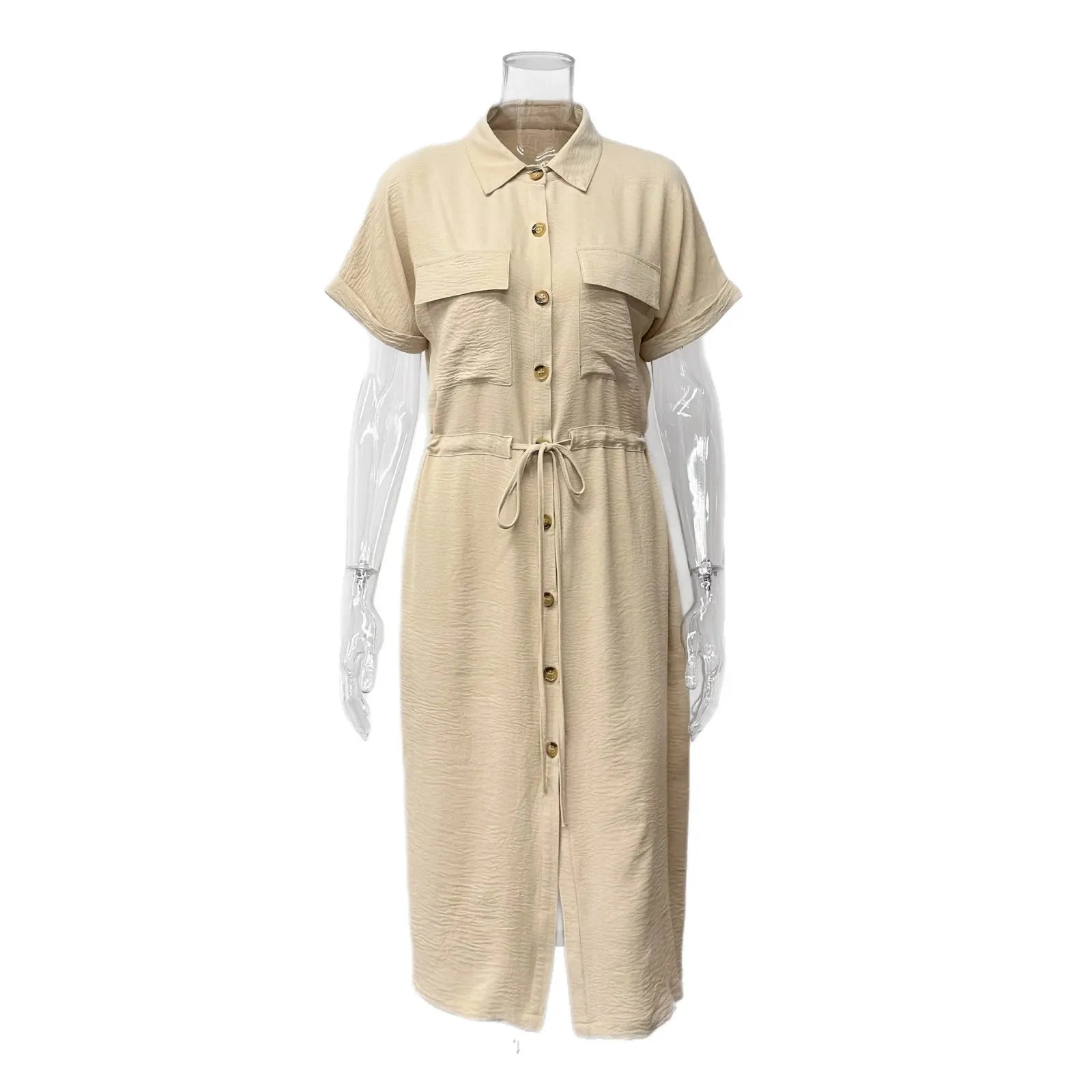 Casual Lapel Button Drawstring Waist Cargo Shirt Midi Dress