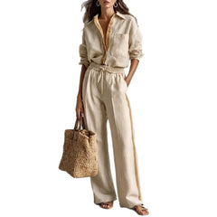 Beige Linen Two Piece Set Contrast Trim Shirt & Drawstring Wide Leg Pants