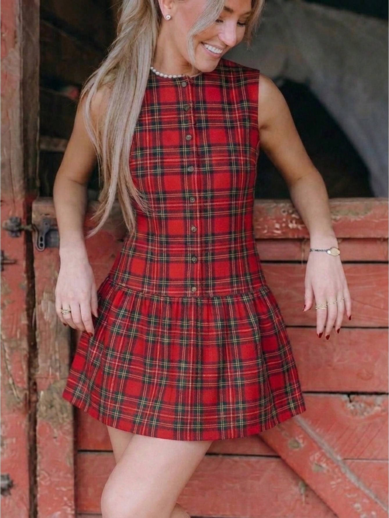 Sleeveless Green Plaid Vintage Mini A Line Dress