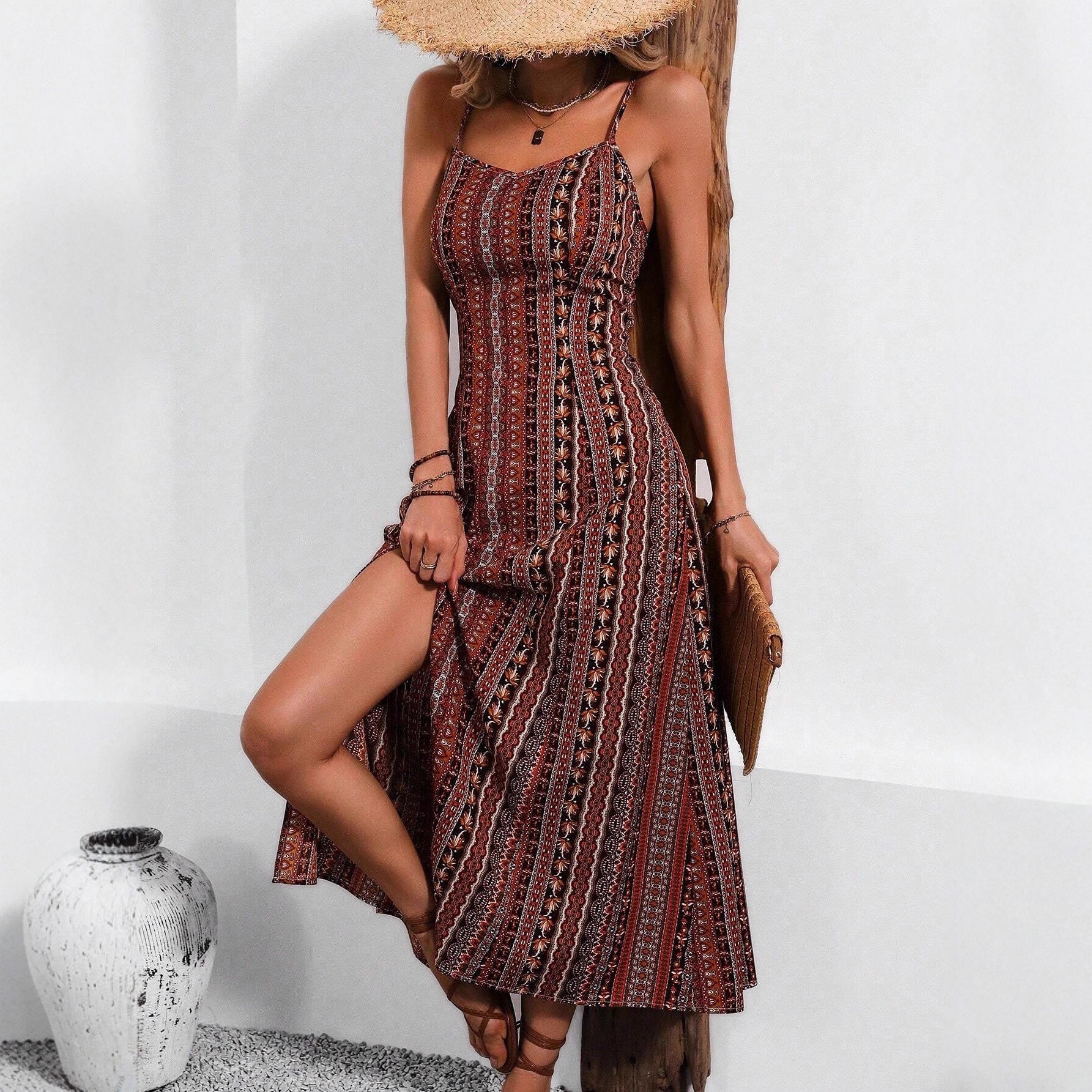 Boho Printed Spaghetti Strap Maxi Dress