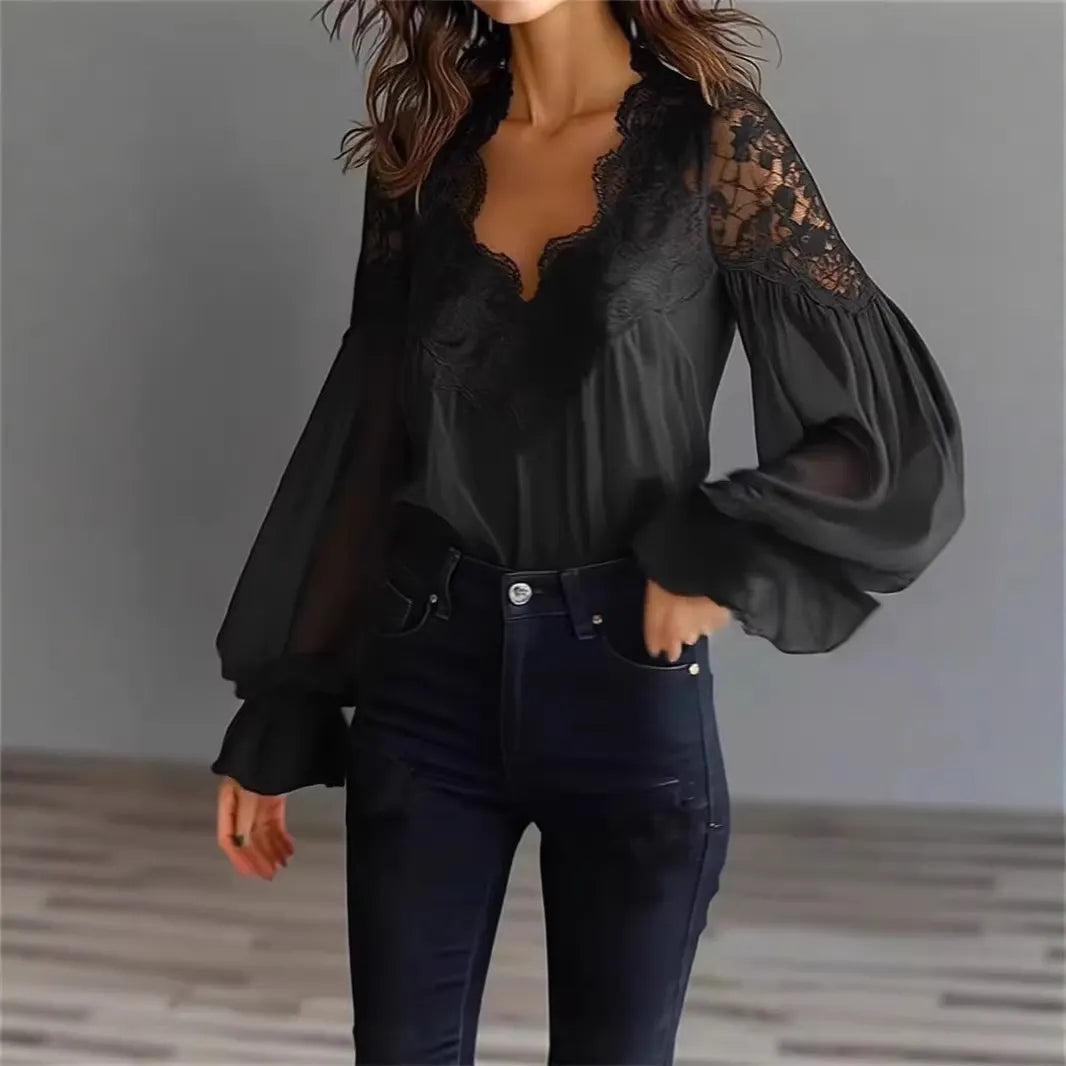Solid Lace Trim V-Neck Blouse