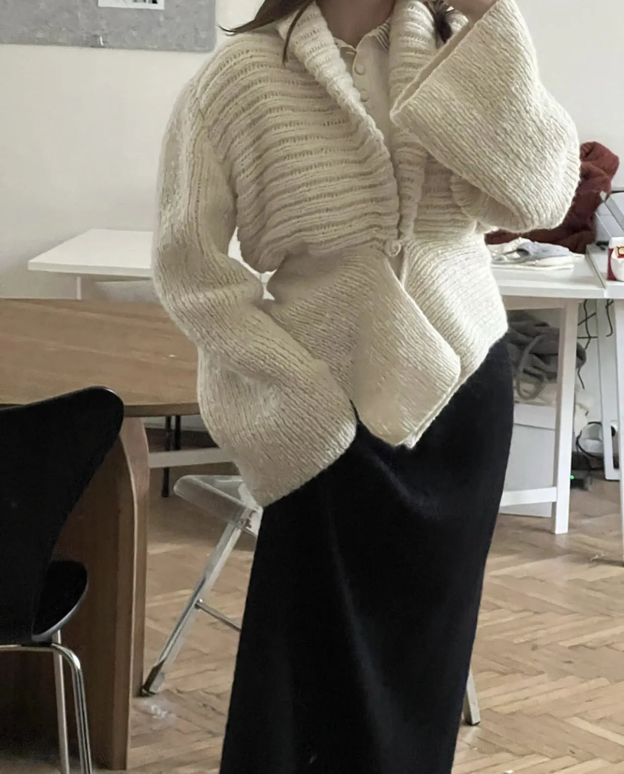 Y2K White Fuzzy Knit Cropped Cardigan One Hook Closure Bell Sleeve Asymmetric Hem Fall Sweater