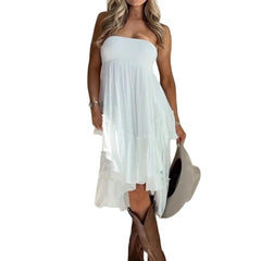 Strapless Tiered Ruffle Asymmetric White Boho Midi Dress
