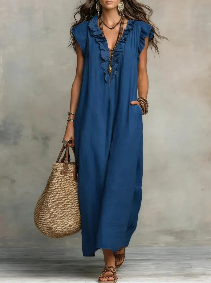 Ruffle-Trimmed Linen-Blend Maxi Dress