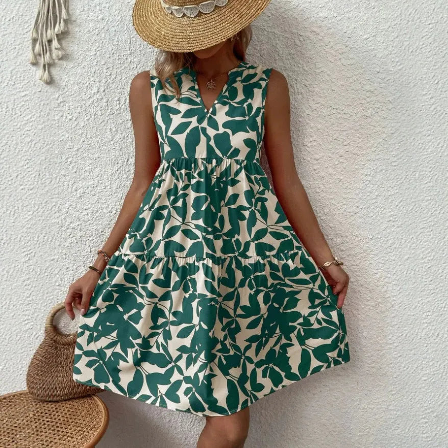 Floral Print V-Neck Sleeveless A-Line Casual Dress