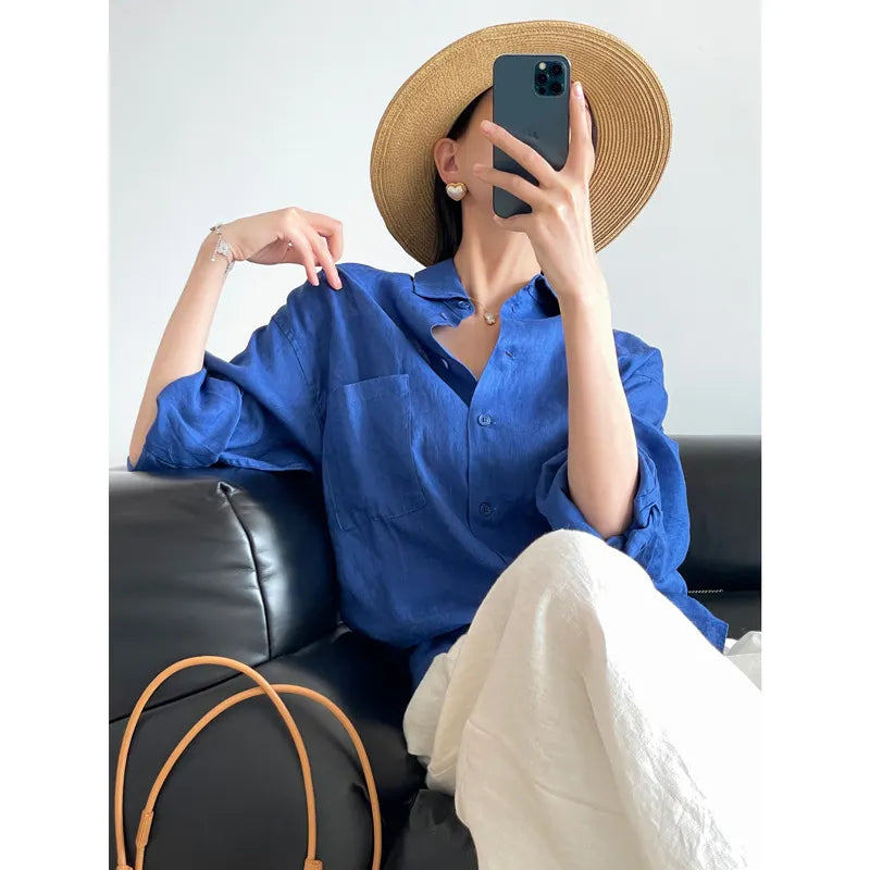 Solid Linen Chest Pocket Oversized Long Sleeve Button Shirt