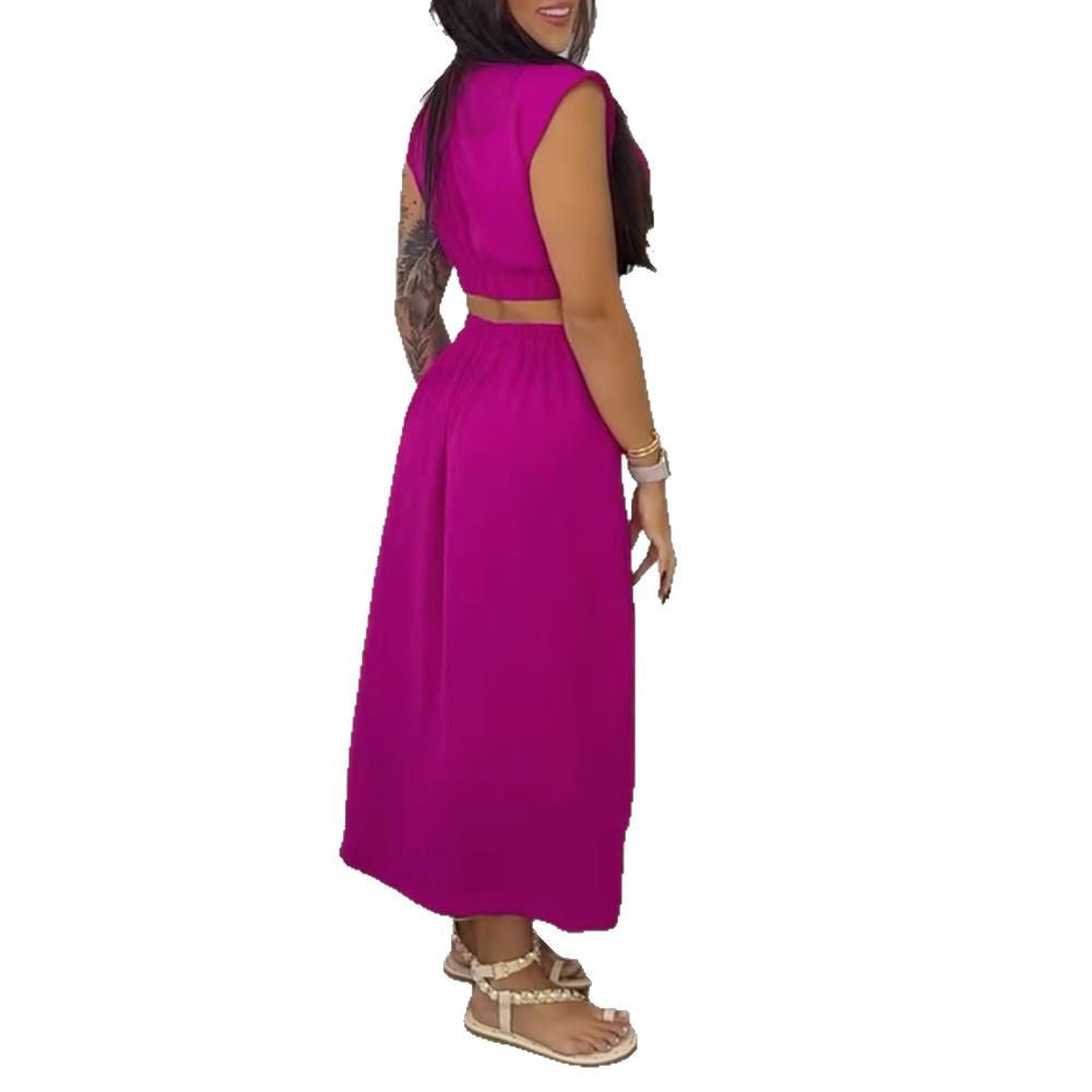 Apricot Stand Collar Cutout Button Midi Dress