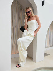 Jacquard Satin 3 Piece Set Oversized Shirt Tube Top Elastic Waist Wide Leg Pants